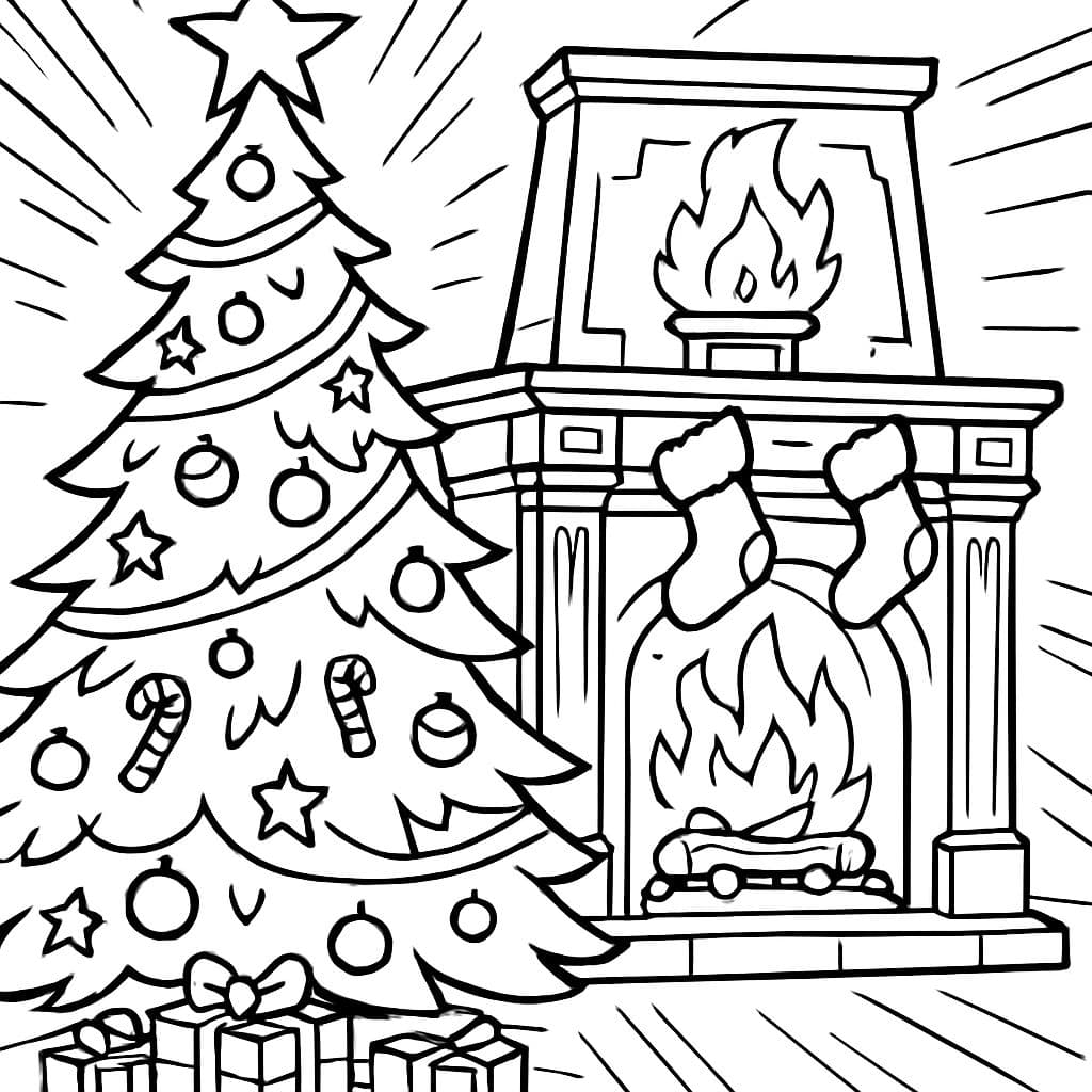 Ein großer Weihnachtsbaum neben einem schicken Kamin