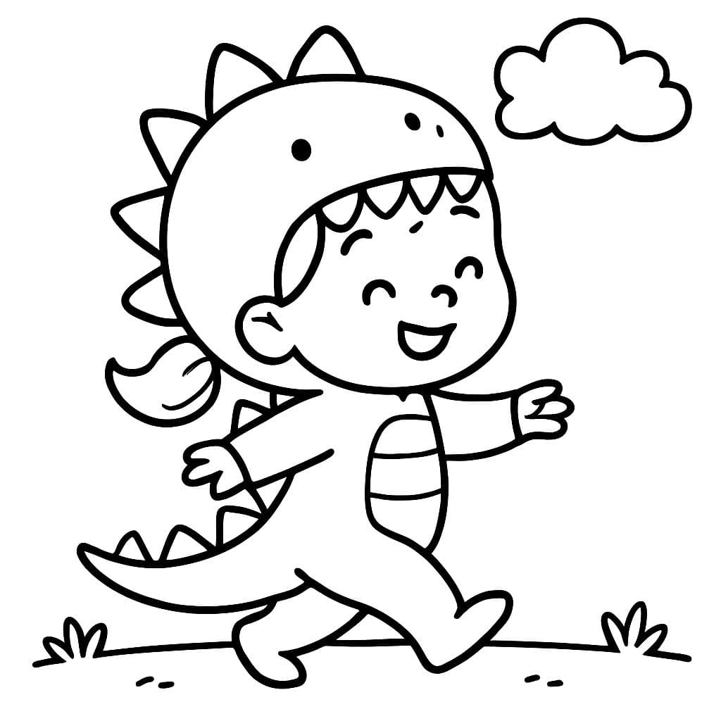 petite fille marchant comme un dinosaure et portant un costume de dinosaure