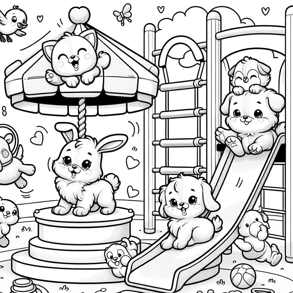Baby Animals playing together inside on a playground