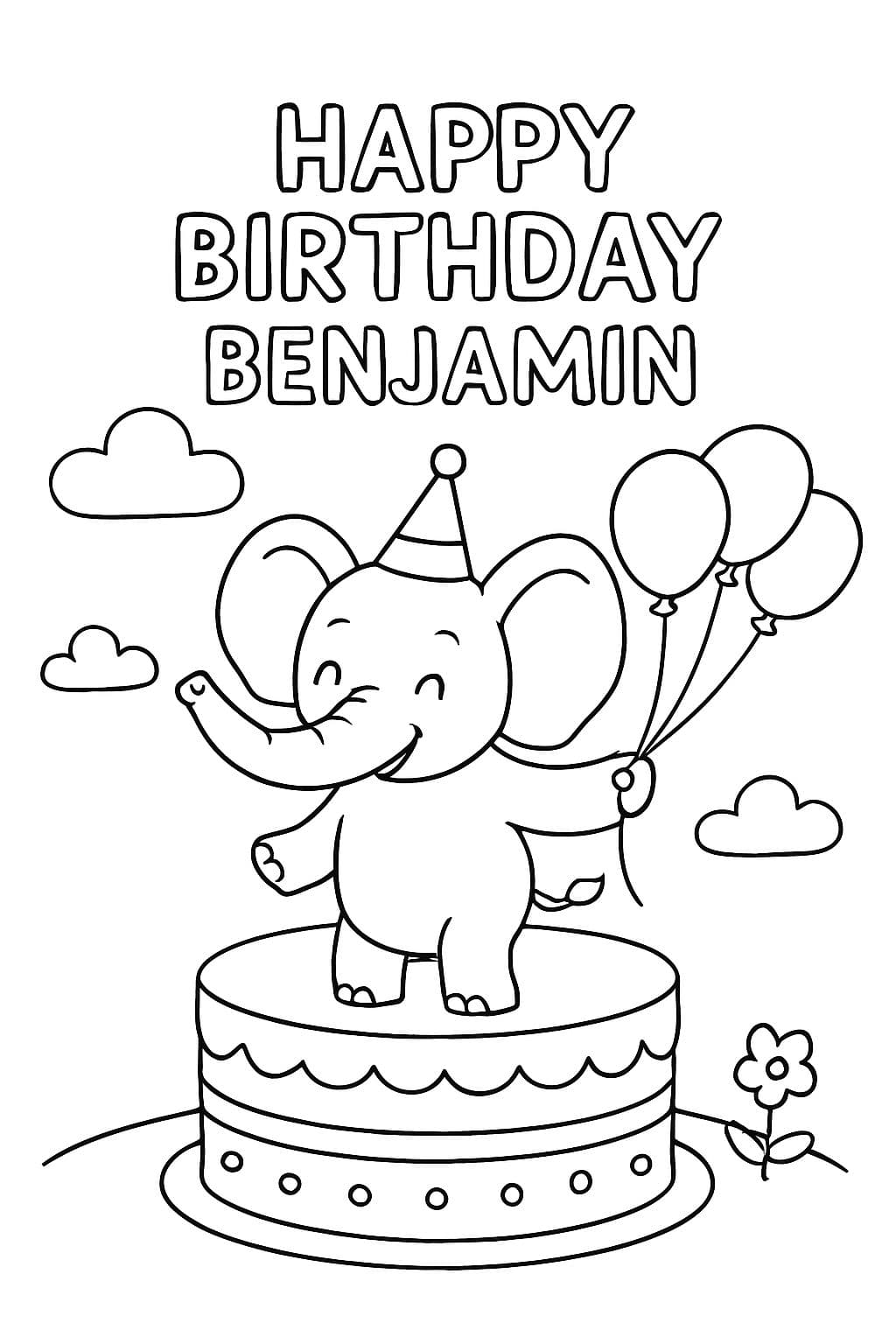 Joyeux Anniversaire Benjamin Éléphant sur gâteau avec des ballons