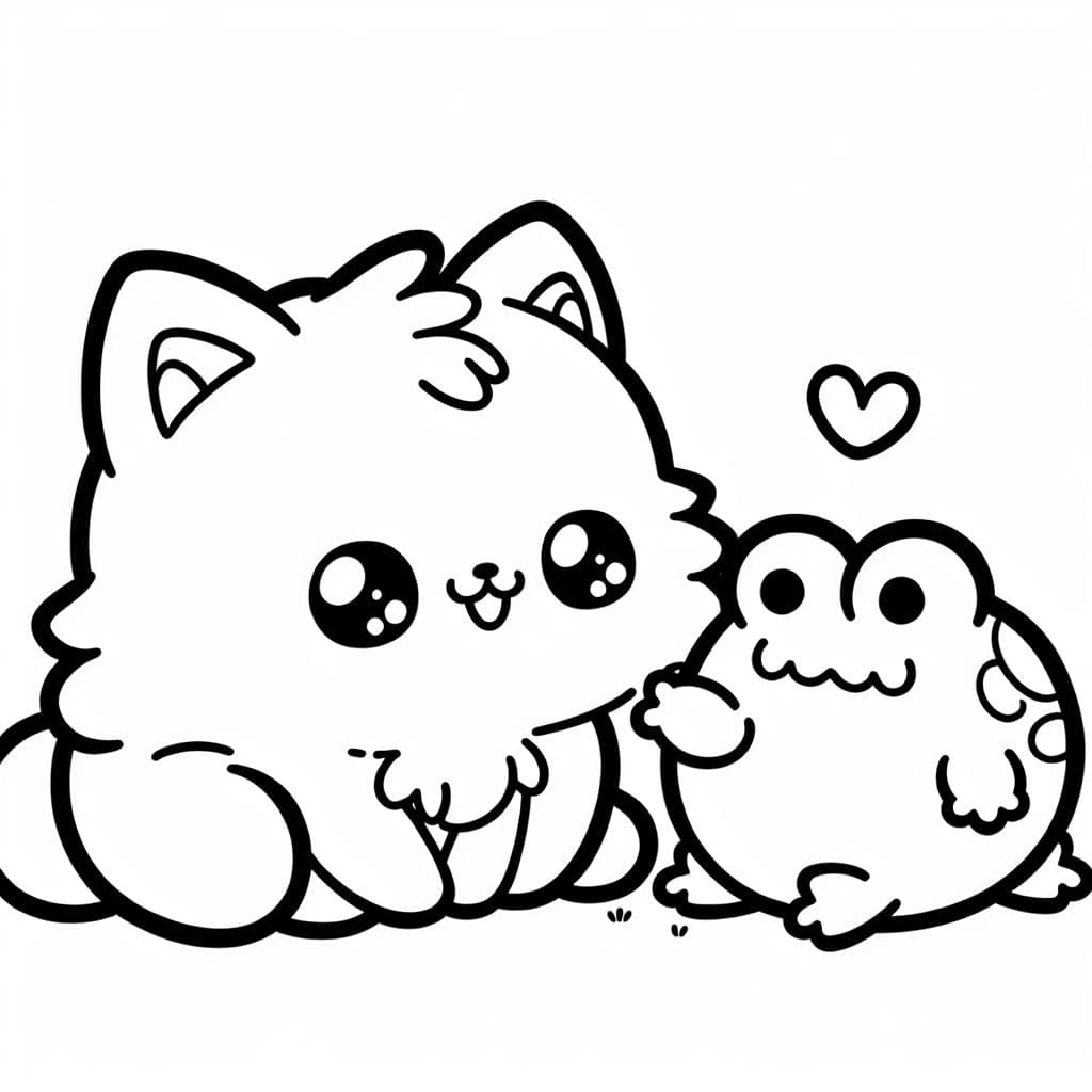 Un adorable chat fluffy qui est ami avec une grenouille ronde kawaii.