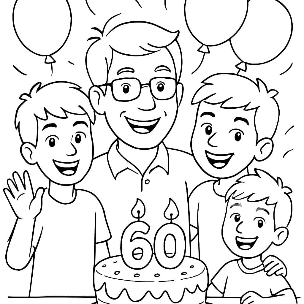Página para colorear. 4 personas. El 60° cumpleaños del abuelo (solo abuelo con gafas, no parece muy viejo, tiene mucho pelo). Abuelo con un chico adolescente de 13 años, un chico adolescente de 10 años y un chico de 6 años. Hay globos y un pastel.