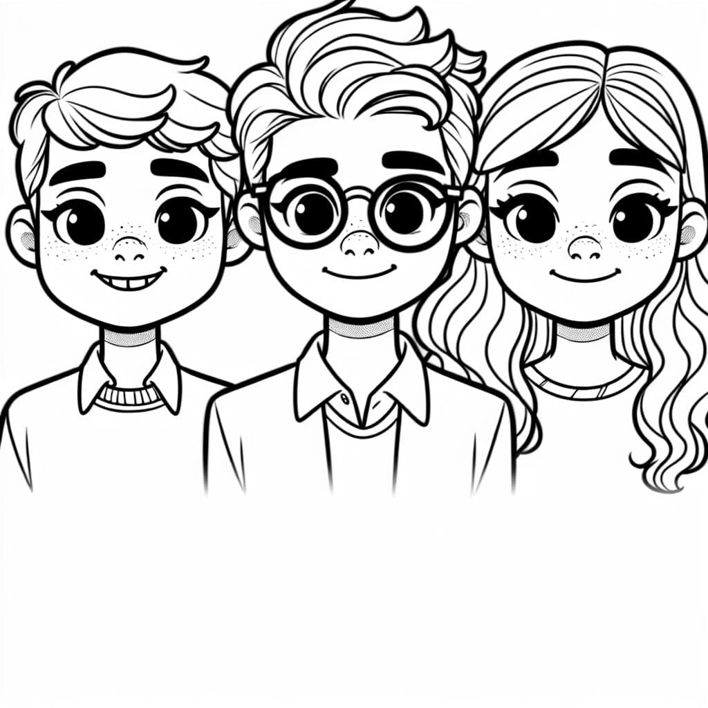 tres adolescentes: un niño con cabello corto y oscuro y frenos. Una niña con cabello corto y rizado y gafas, y una niña con cabello largo y liso