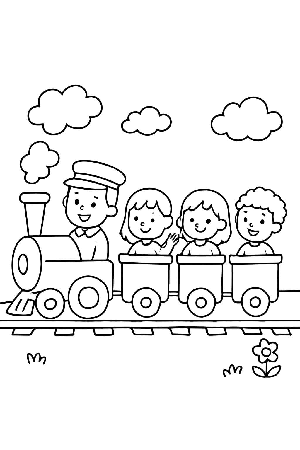 A train with a driver, four carriages, and in each carriage sits a girl and a boy.