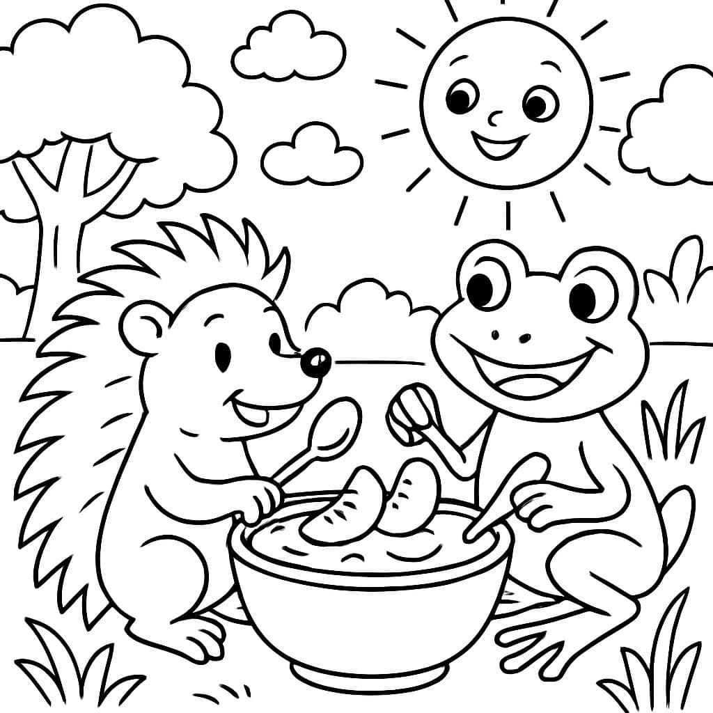 O ouriço e o sapo estão comendo iogurte de pêssego decorado com fatias de pêssego