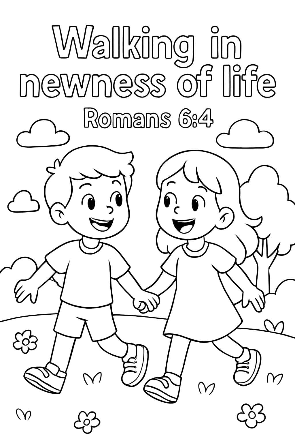 a happy boy and girl walking with the text of Romans 6:4 Walking in newness of life