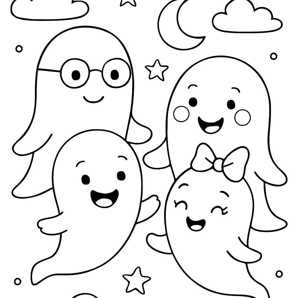 eine Familie von 4 Geistern: ein Papa mit kleinen Brillen, eine Mama mit roten Wangen, ein kleiner Geist und ein kleiner Geist mit einer lila Schleife auf dem Kopf