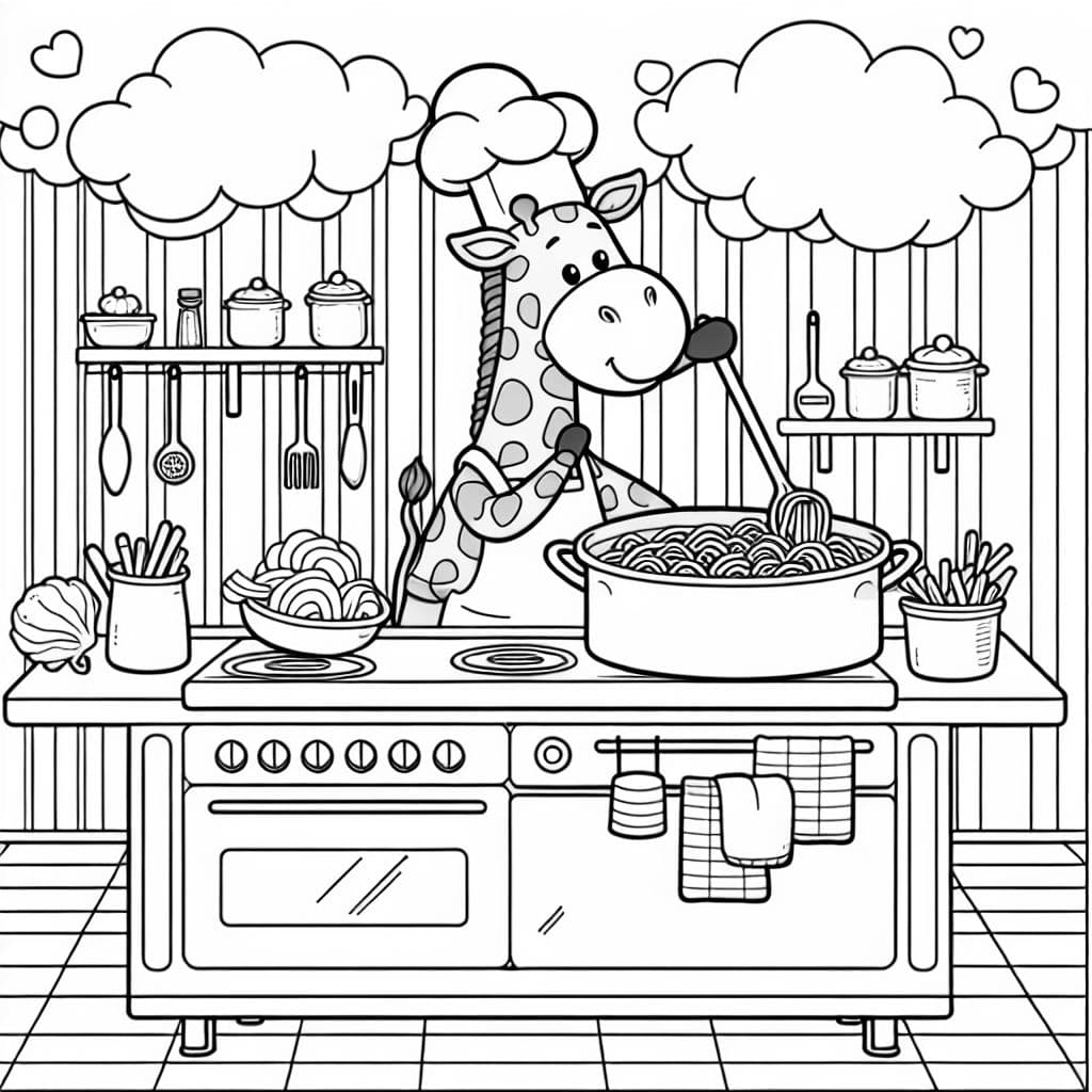 Eine Giraffe, die ein Koch ist und Pasta zubereitet.