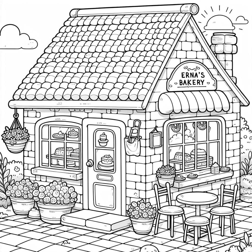 Eine kleine Bäckerei. Mit ein paar pflanzen und ein paar sitzmöglichkeiten. Mit backsteinen und „Ernas Bäckerei“ als schild.