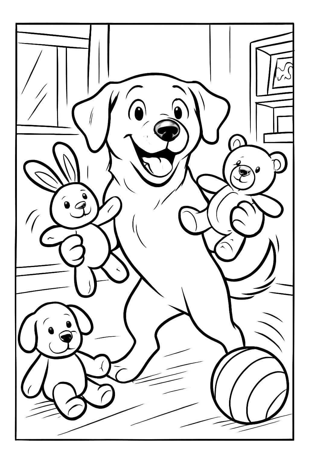 Labrador llamado Paula jugando con animales de peluche