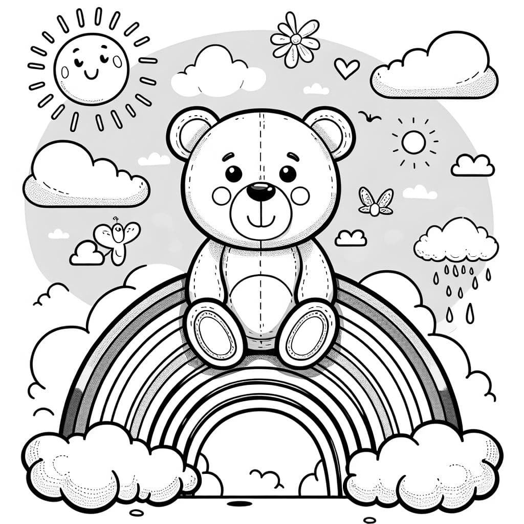 Einen runden teddybär auf einem Regenbogen in den Wolken