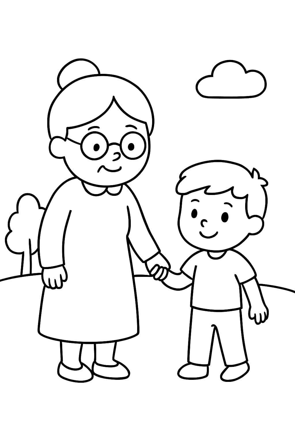 bisabuela sosteniendo la mano de un niño pequeño.