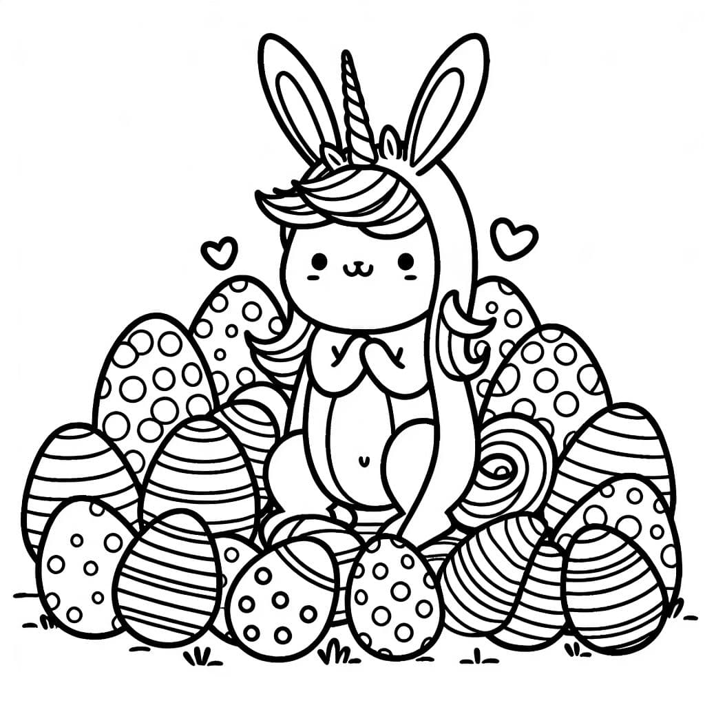 Un lapin de Pâques déguisé en licorne avec de nombreux œufs de Pâques