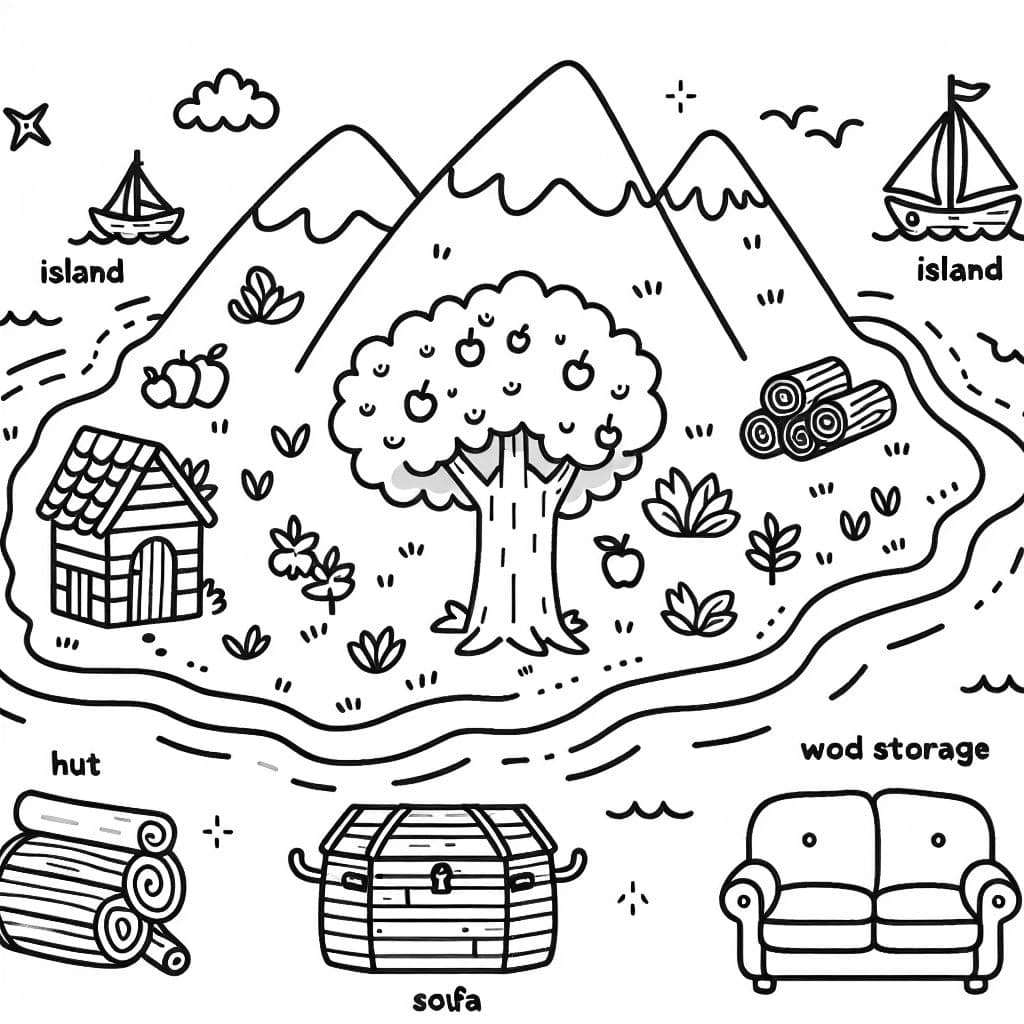 Eine Schatzkarte mit den den Stationen: Insel, Berg, Holzlager, Hütte, Apfelbaum, Sofa, Pfanne