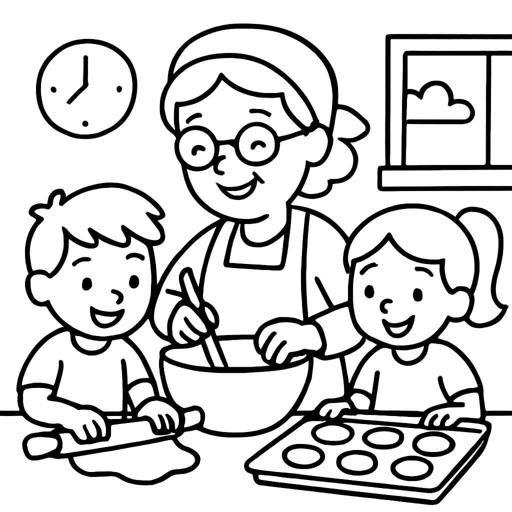 Grand-mère cuisinant avec son petit-fils et sa petite-fille