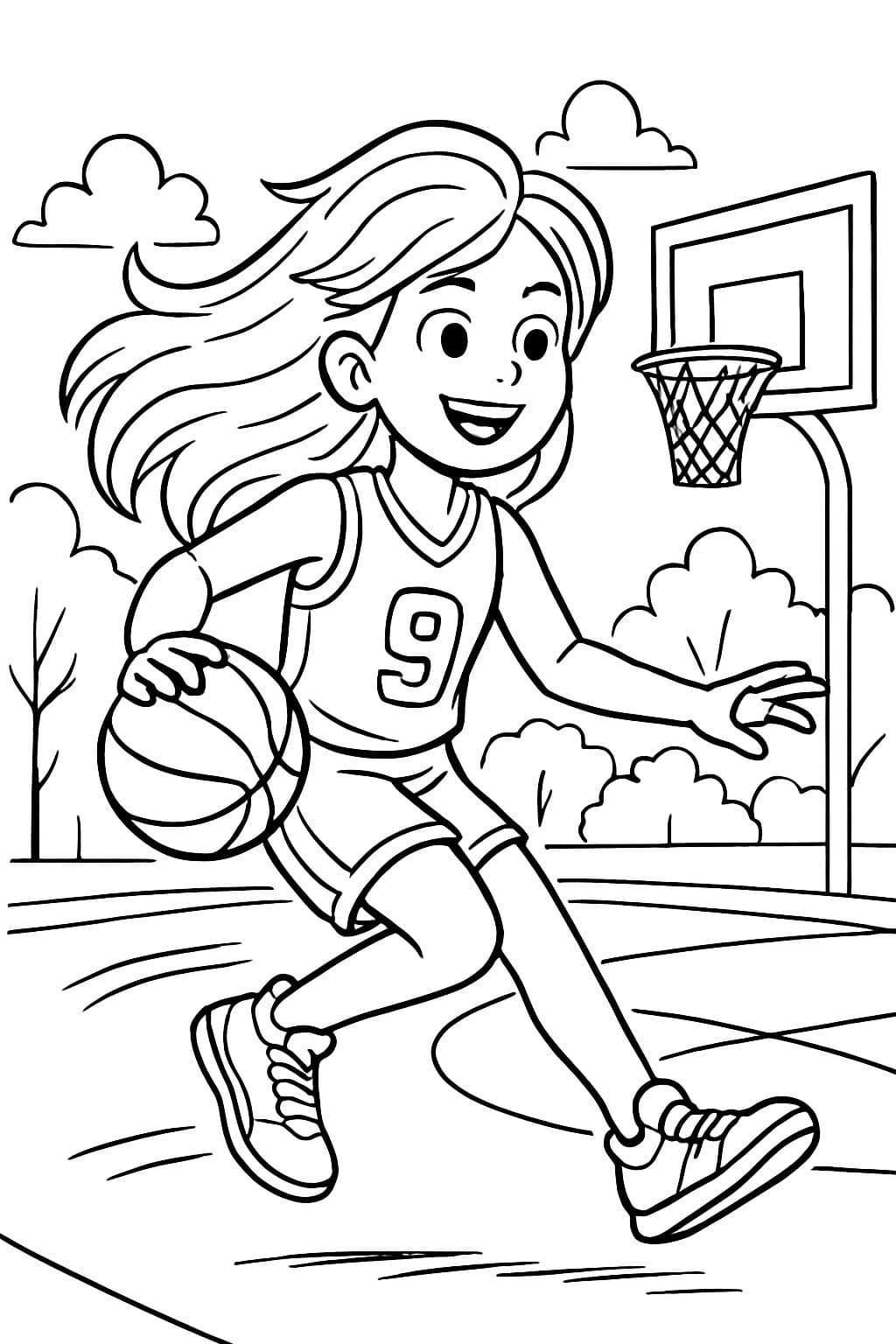 Ein Mädchen mit offenen Haaren, das in ihrem Team Basketball spielt. Es ist leicht zum Ausmalen.