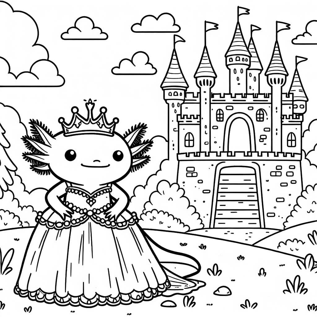 Un axolotl portant une robe de princesse et une couronne, devant un château.