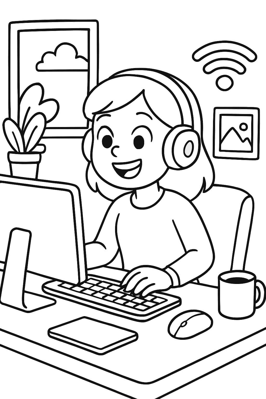 Une femme travaillant à domicile en tant que professionnelle de l'informatique, portant des écouteurs sans fil et utilisant un ordinateur avec divers périphériques.