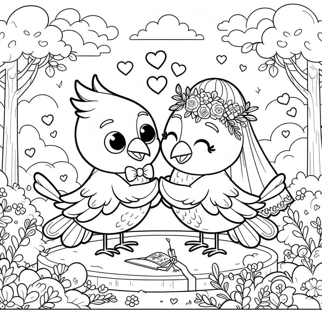 Cardeais se casando, representados em uma página para colorir colorida para crianças.