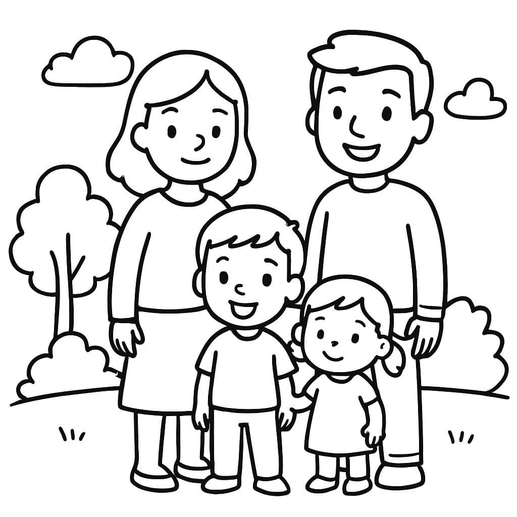 Une famille se tient avec une maman, un papa, un garçon de 4 ans et une petite fille de 2 ans.