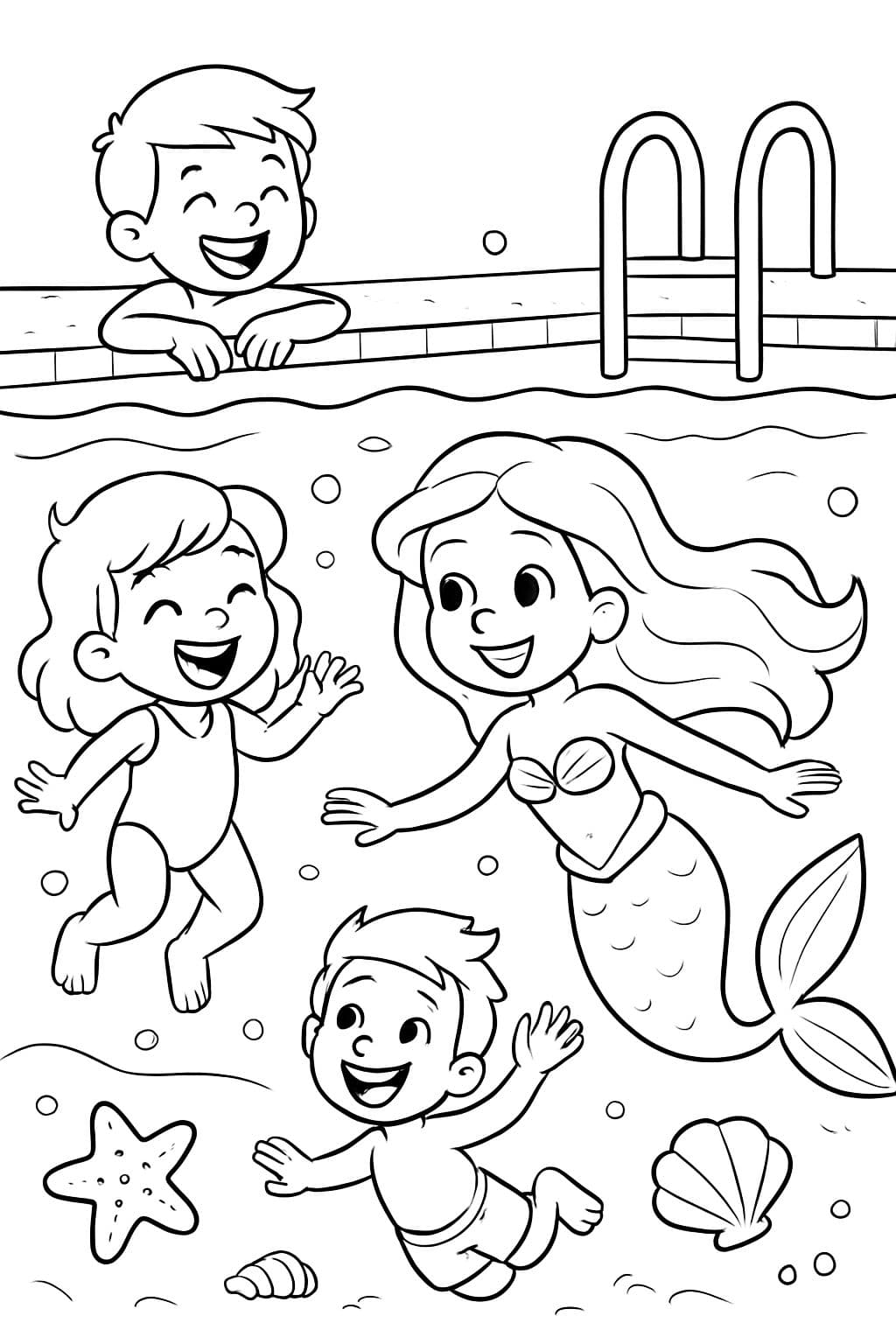 Seção transversal da piscina, crianças brincando debaixo d'água e uma sereia nadando, há estrelas do mar e conchas