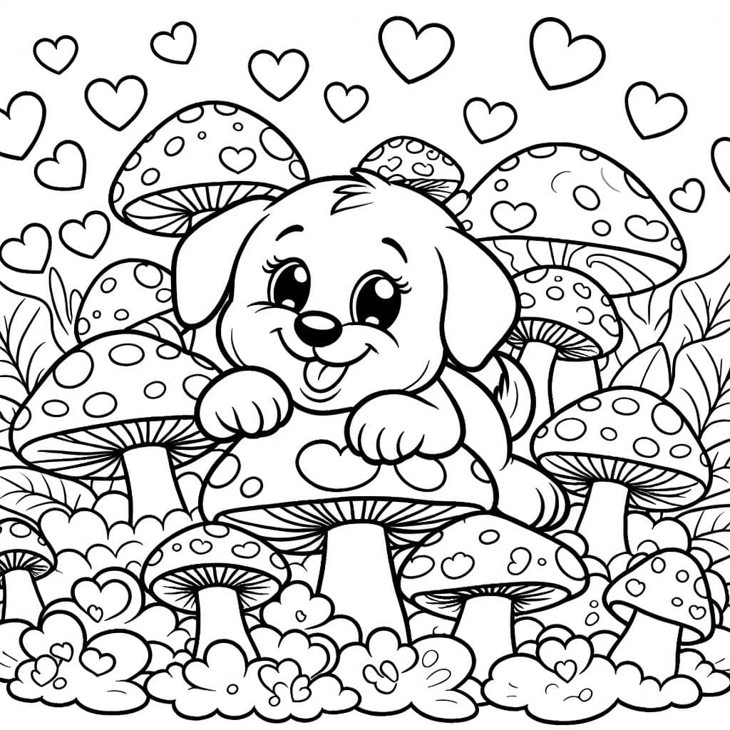 sweet puppy with mushrooms around it and lots of little hearts