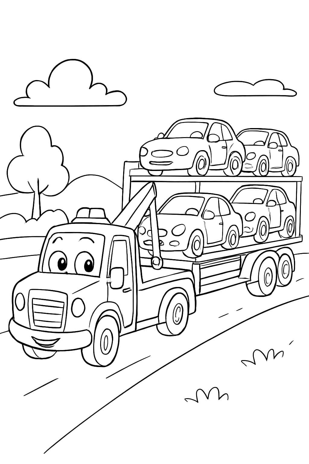 Ein Abschleppwagen, der einen Lastwagen abschleppt, und der Lastwagen zieht einen Autotransporter mit Autos darauf. Niemand fährt.