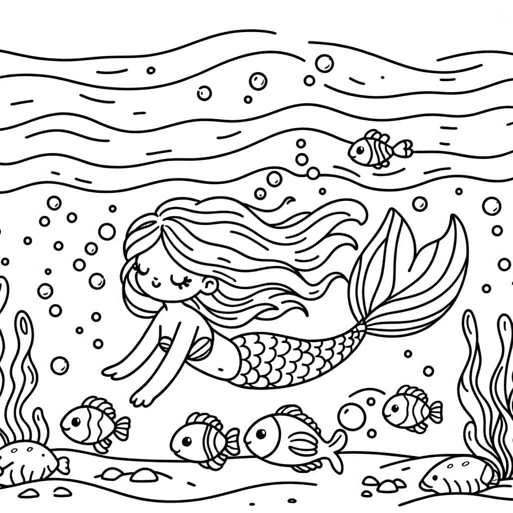 Sirena nadando con peces bajo el agua en el mar