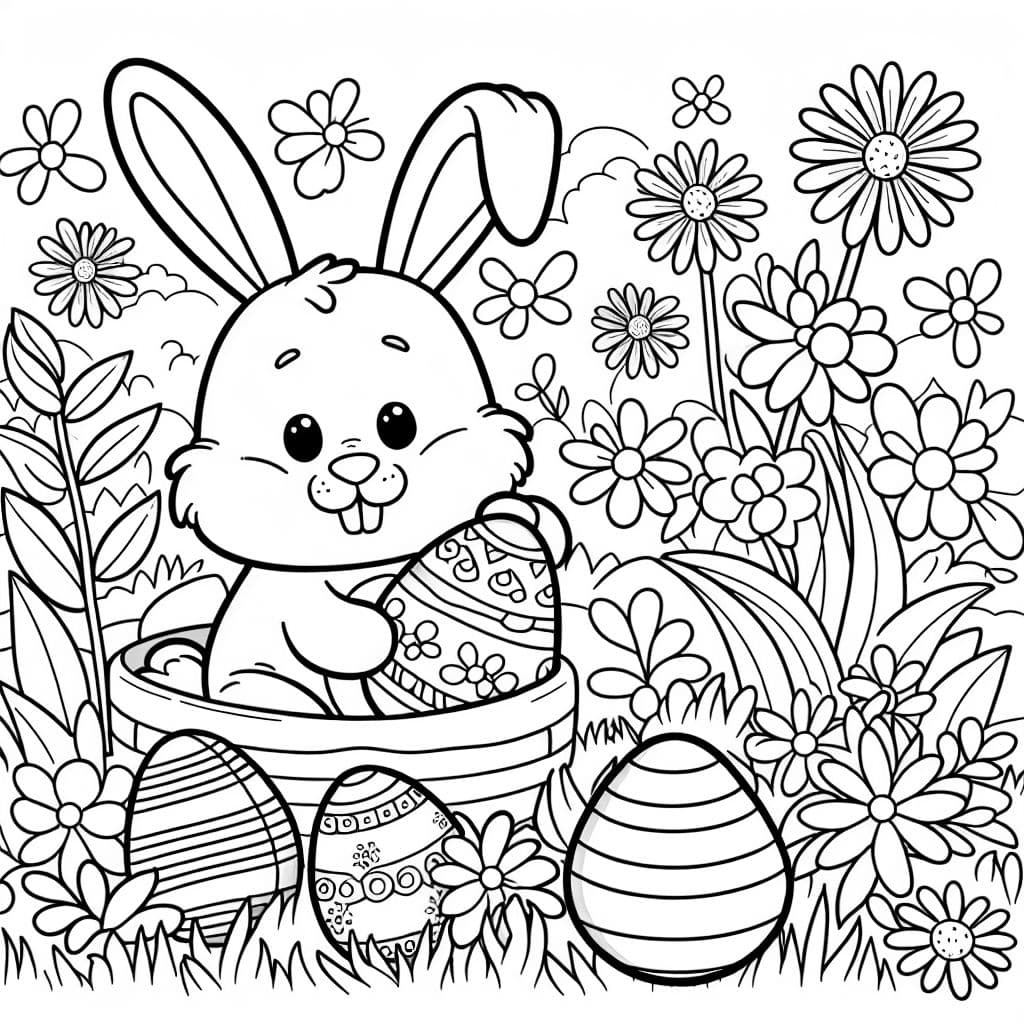 Un lapin de Pâques sur un champ de fleurs avec des œufs de Pâques cachés