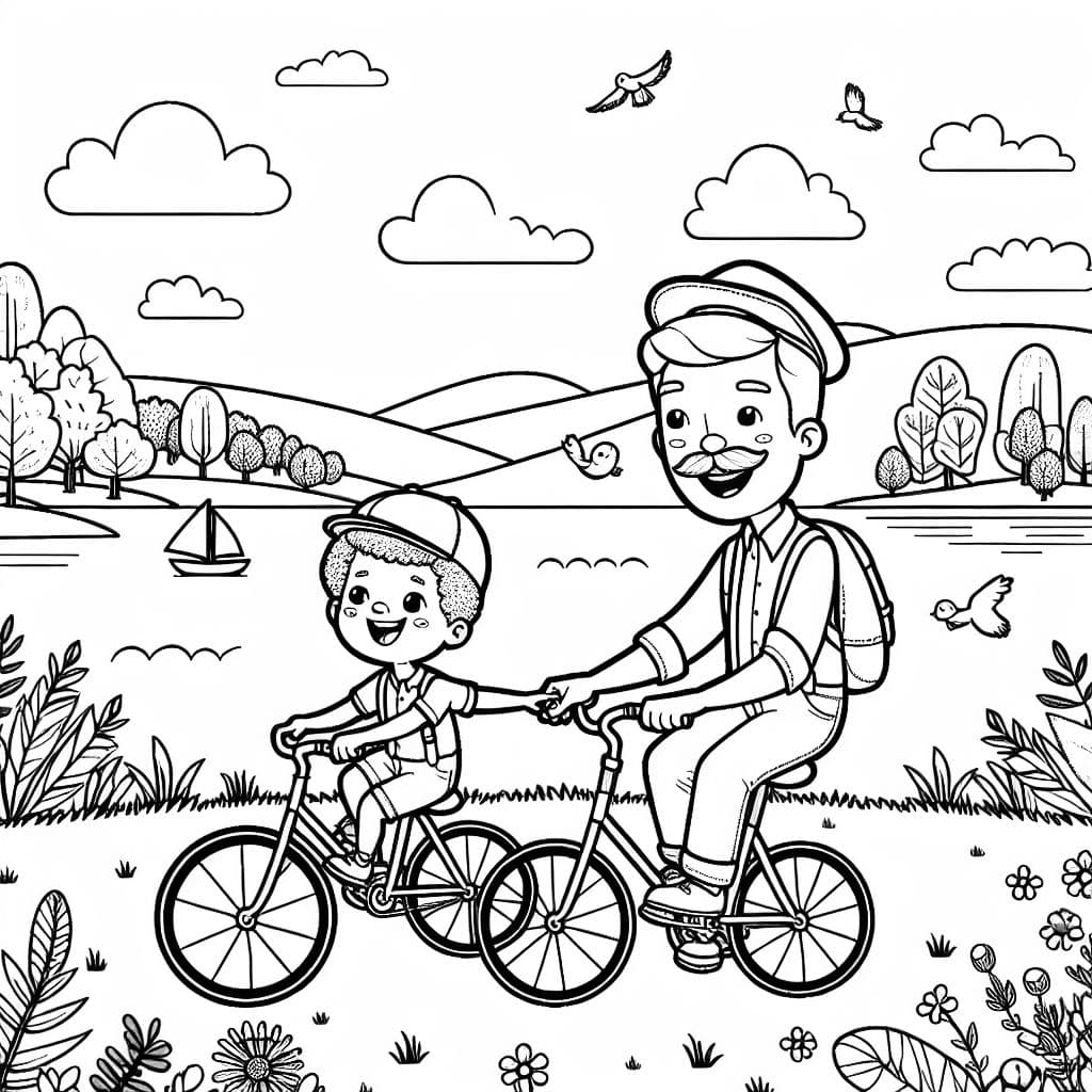 Papai e filho andam de bicicleta juntos até o lago e aproveitam a natureza.