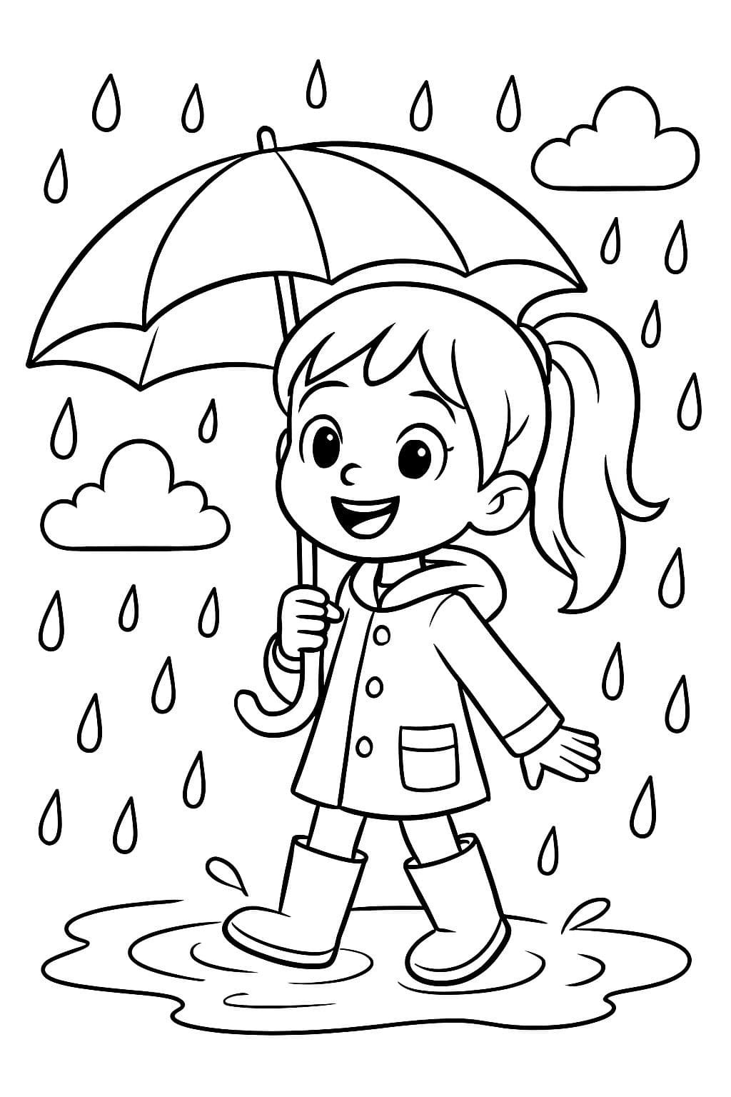 6 year old girl with a ponytail holding an umbrella in the rain, standing in a rain puddle with rainboots and a raincoat.