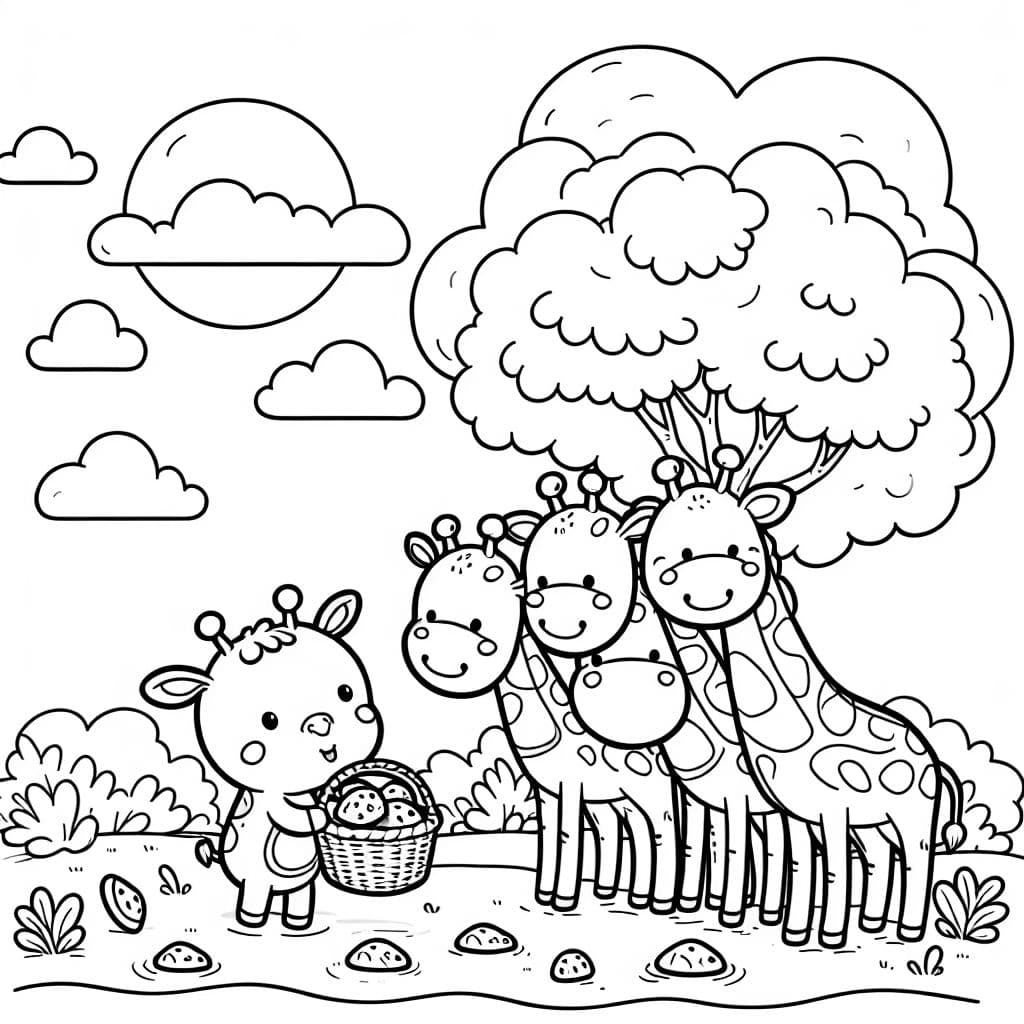 Una pequeña jirafa, comiendo galletas con cuatro jirafas grandes.