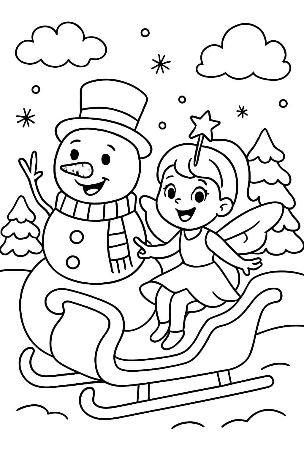 um boneco de neve e uma fada da neve segurando uma varinha montando um trenó