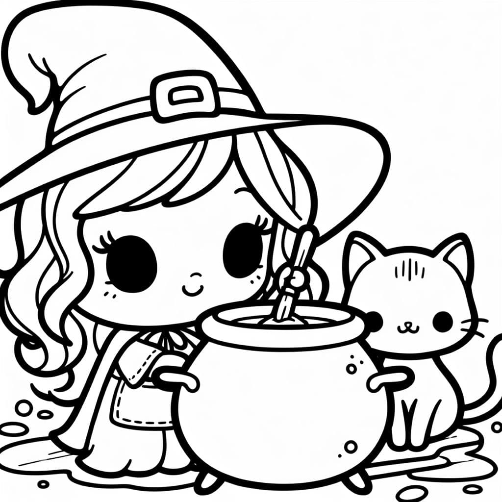 A witch making a potion in a cauldron with a cat