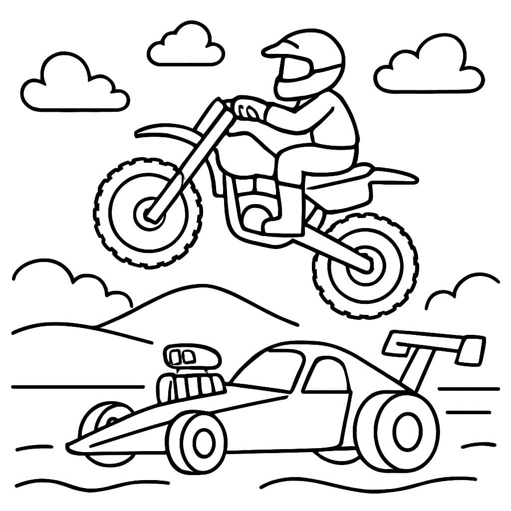 Une motocross sautant par-dessus le chemin d'une voiture de dragster