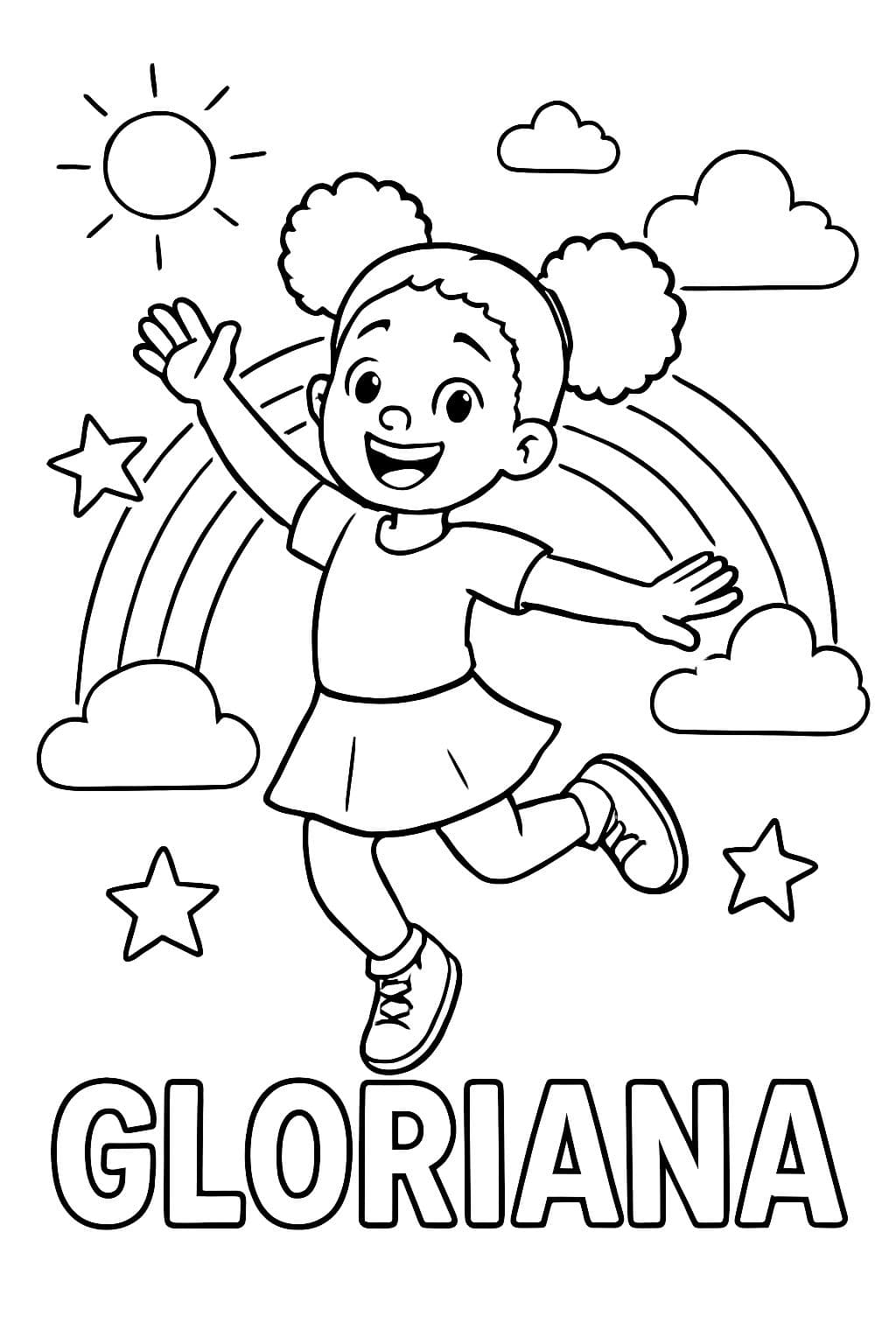 Erstelle ein doodle-freundliches, personalisiertes Ausmalblatt mit dem Namen einer afroamerikanischen Mädchen namens Gloriana.