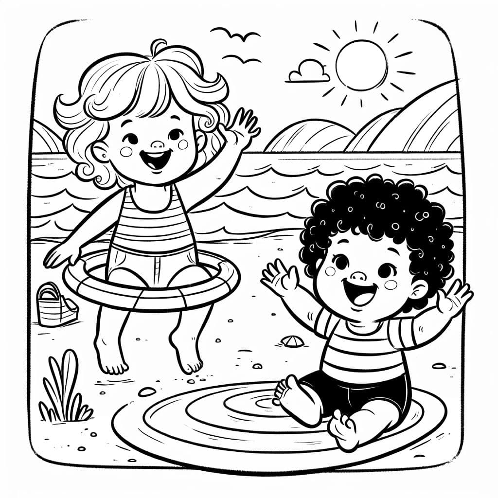 Une grande sœur et une petite sœur. Toutes deux avec des cheveux bouclés jouant à la plage.