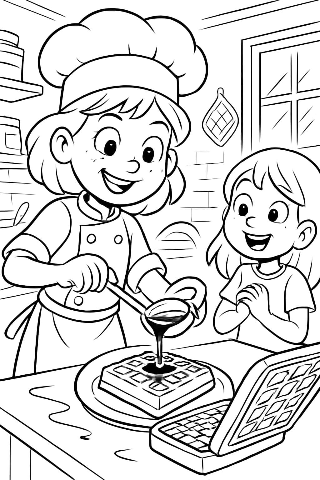 Mädchen, das Waffeln mit Schokolade für ihre Freundin, die auch ein Mädchen ist, kocht.