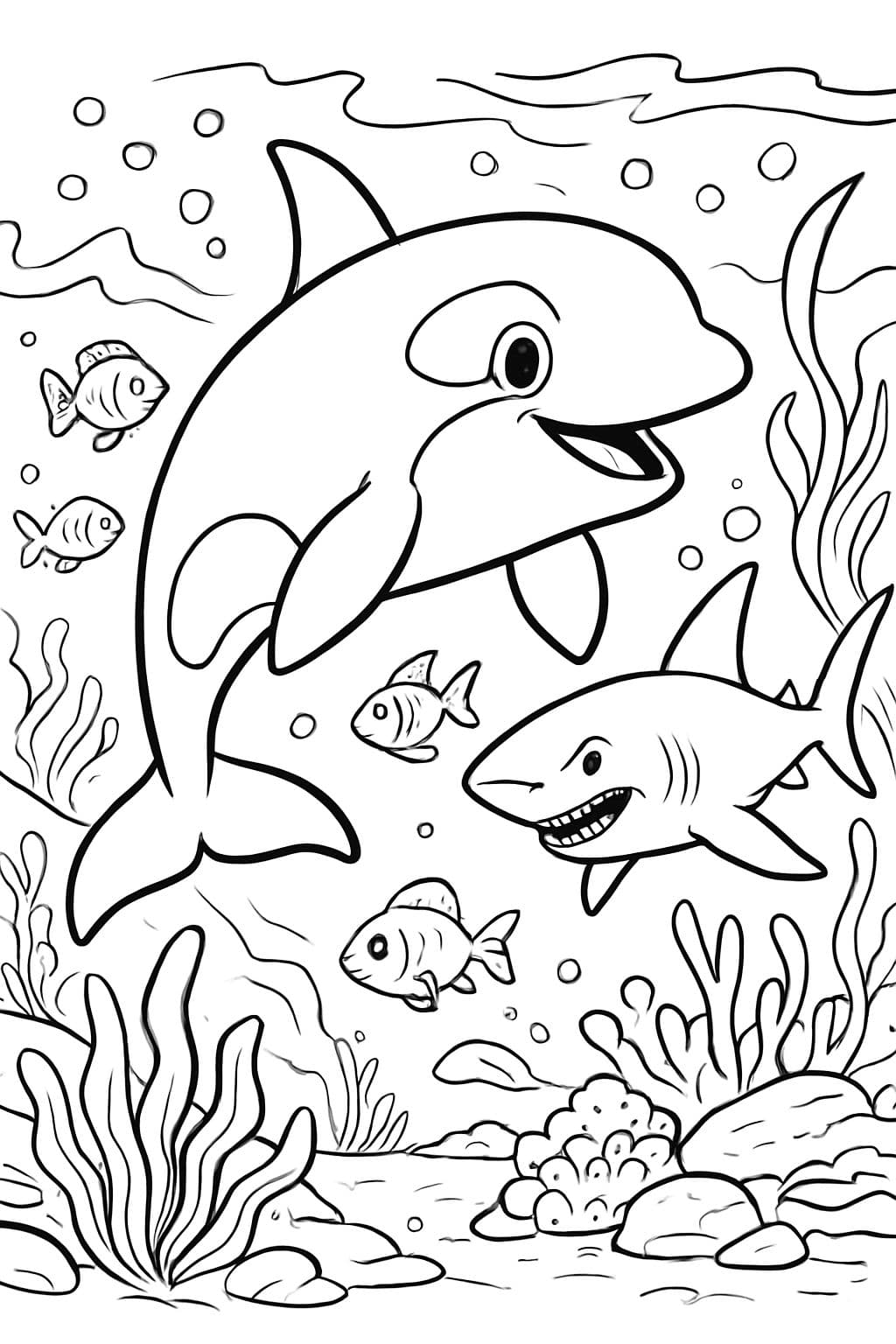 Mundo subaquático com uma orca, um tubarão e um peixe não coloridos