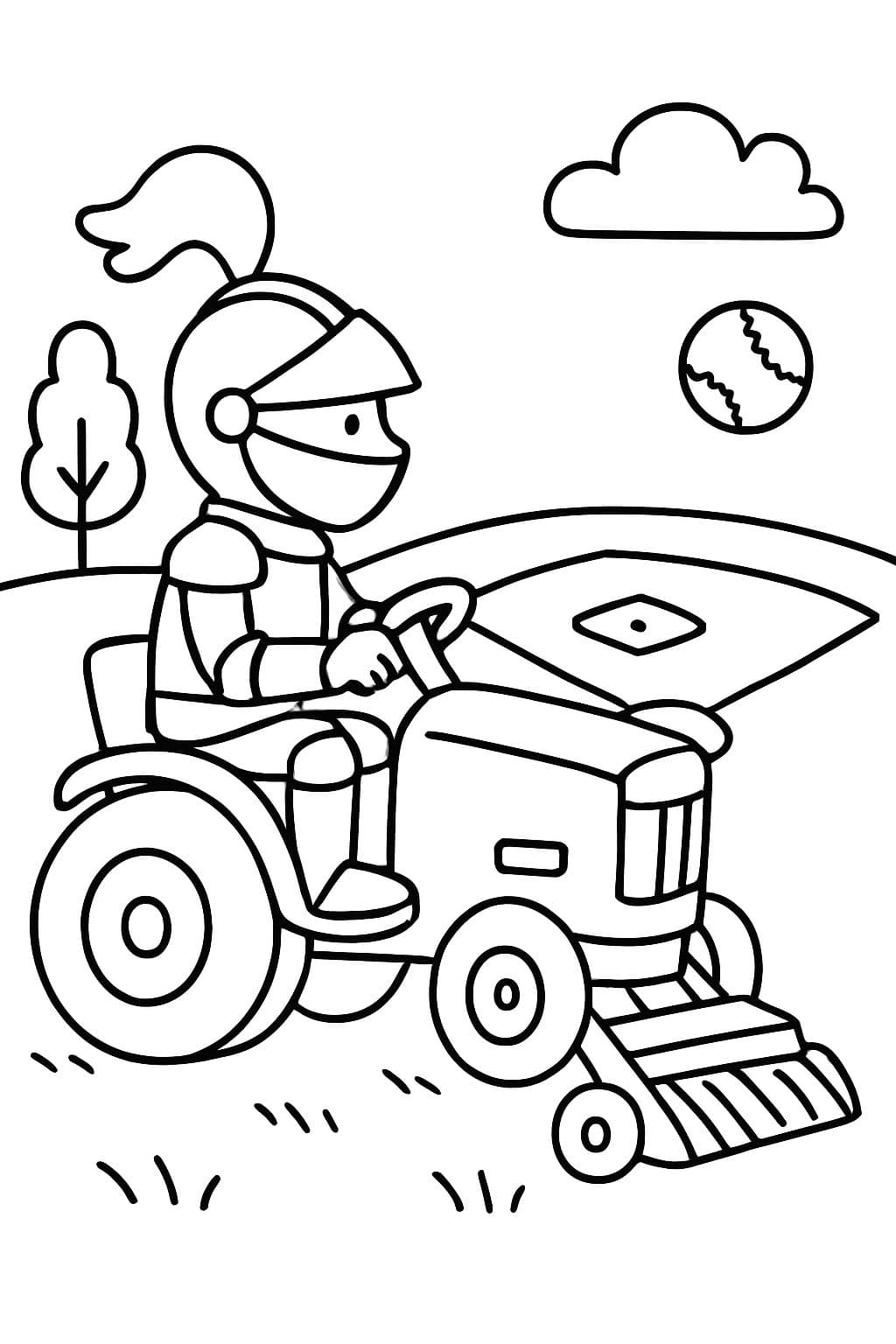 Ein Ritter sitzt auf einem Traktor anstelle eines Pferdes und mäht ein Baseballfeld.