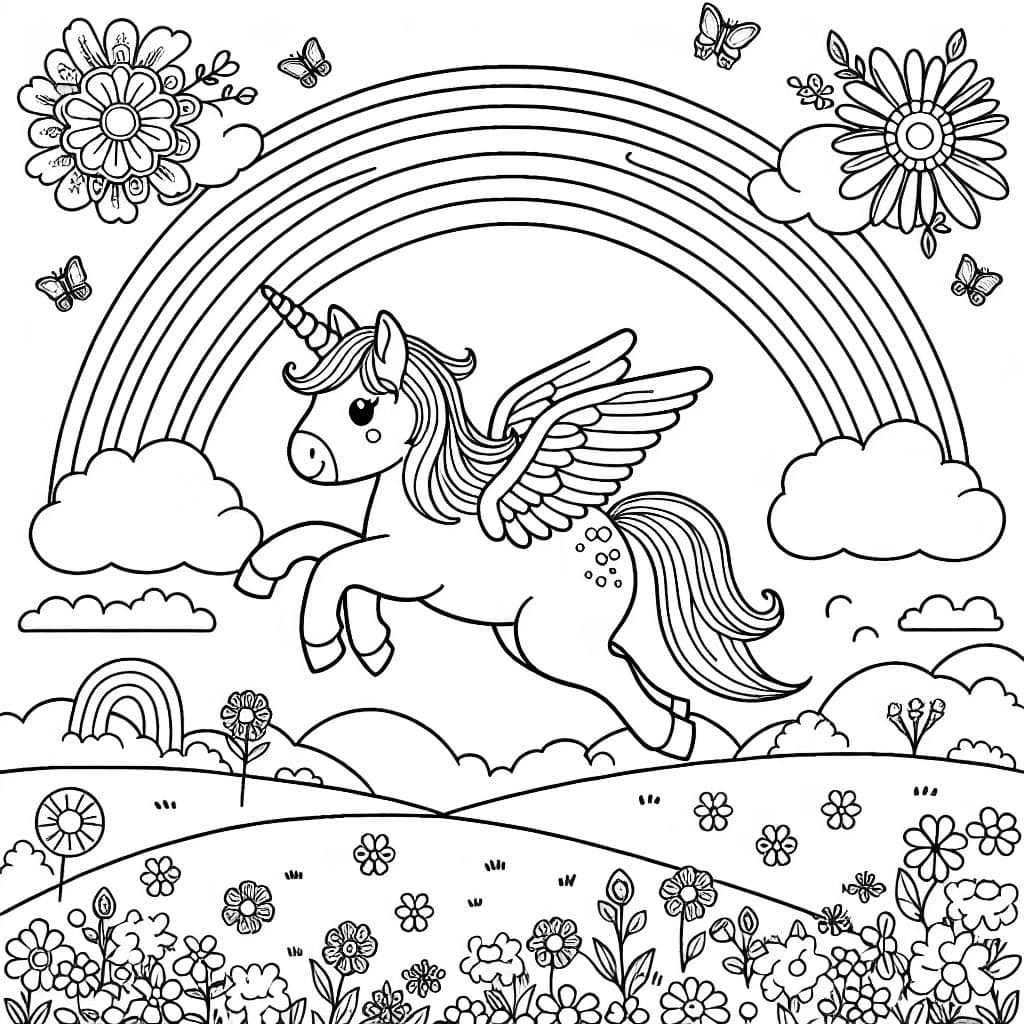 Unicorn with wings under a rainbow with flowers