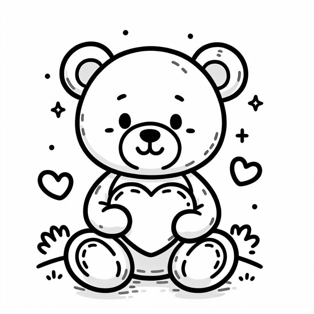 Un lindo oso de peluche con un corazón, perfecto para colorear para los niños.