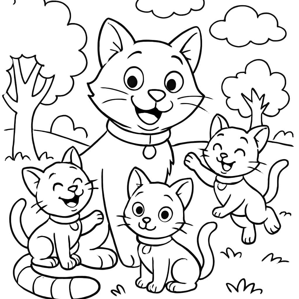 A father cat and his three kittens, each having a collar, and the father cat has a striped tail.