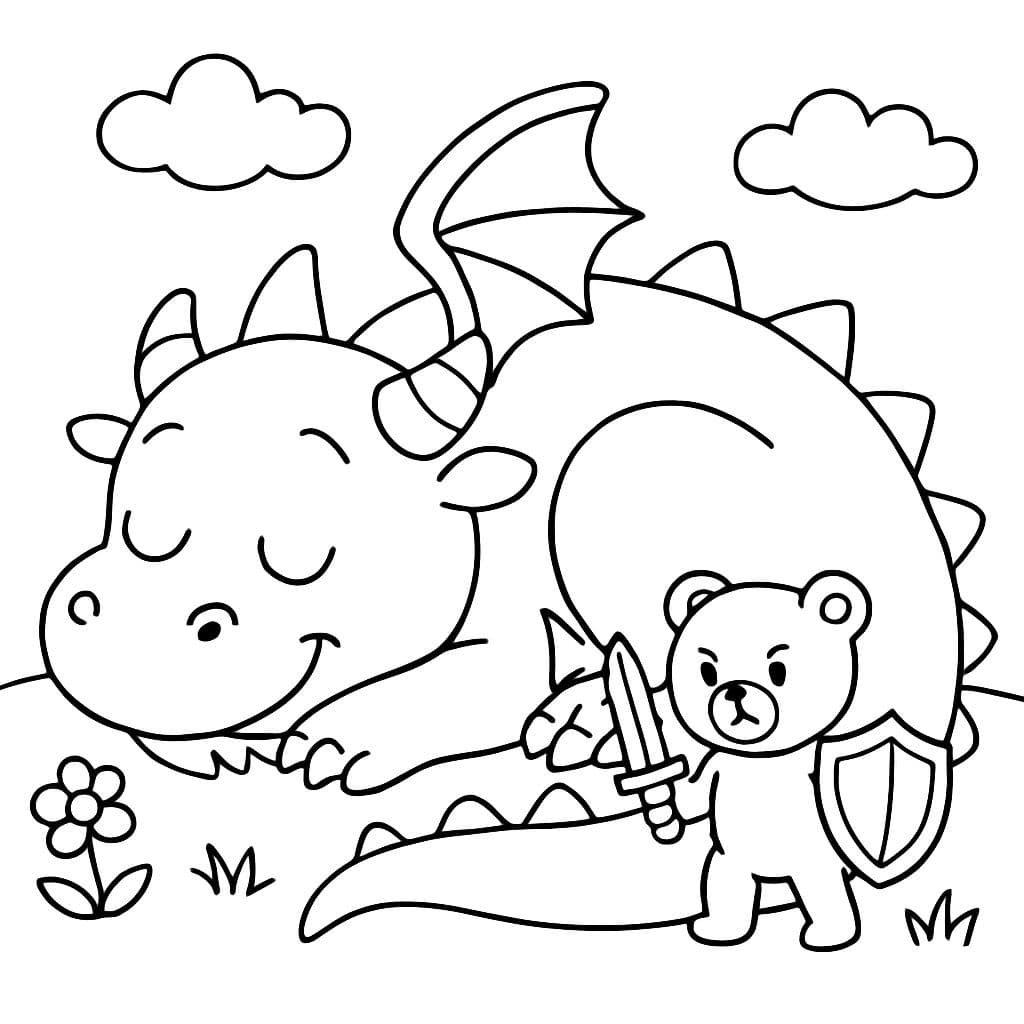 Un dragon avec un petit ours en peluche agissant comme son défenseur pendant qu'il dort.