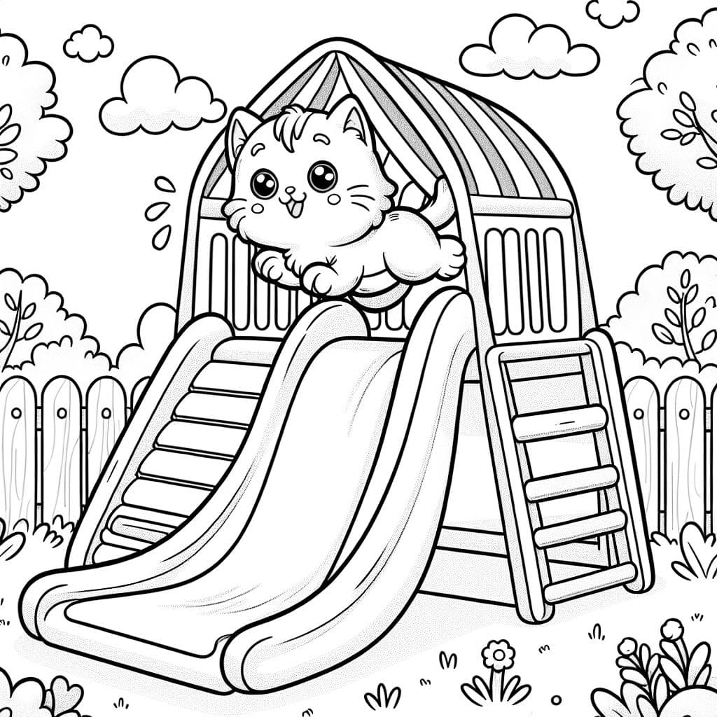 un gato en un castillo hinchable deslizándose por un tobogán