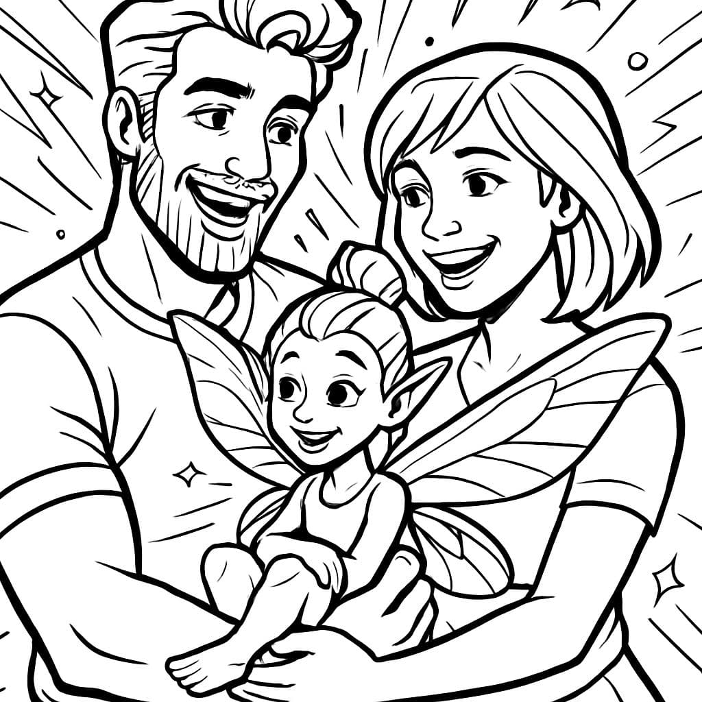 una joven pareja, compuesta por un hombre con cabello lleno y barba y una mujer con cabello de longitud media. Los dos sostienen a un pequeño hada en sus brazos. Todos se están sonriendo.