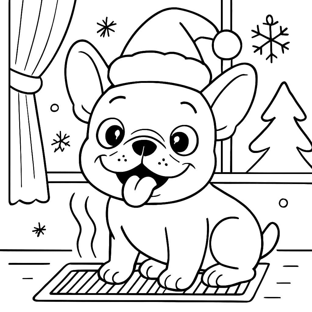 ein französischer Bulldogge mit einem Weihnachtsmannhut, die auf einem Heizkörper sitzt