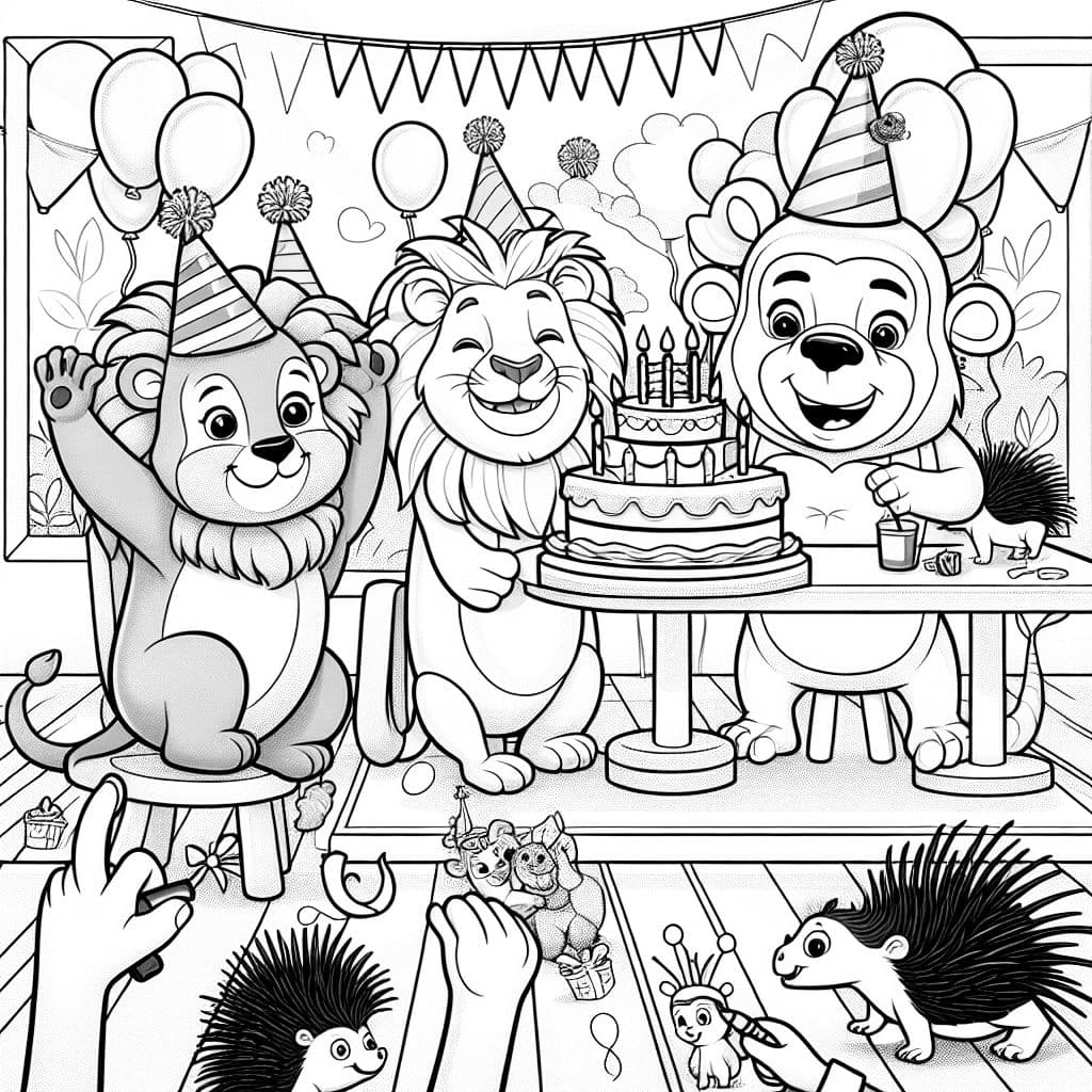 Lion gorilla and porcupine at a birthday party