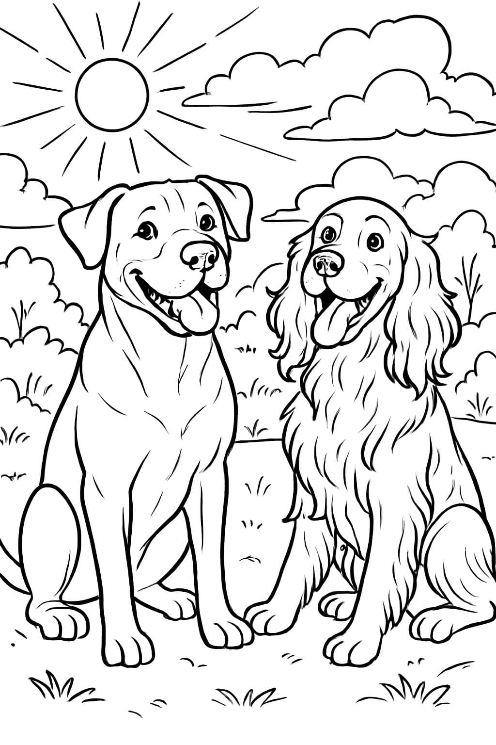 American Stanford Terrier mixed with Rhodesian ridgeback sitting next to an irish setter with both dogs smiling.