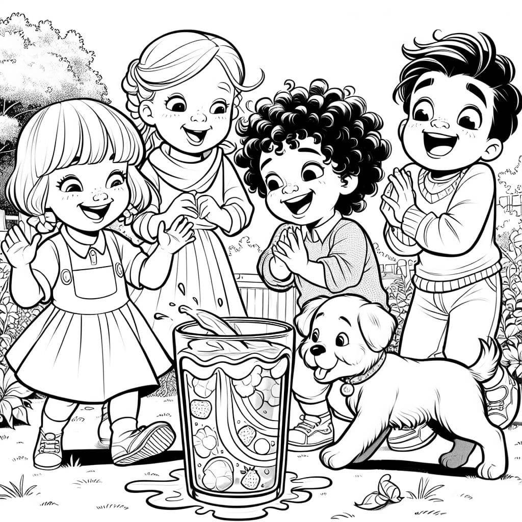Créez une illustration en lignes d'Esila et de ses frères riant à une table de jardin. Plusieurs verres de gelée colorés sont sur la table, dont un s'est renversé et la gelée tremblote lentement. Bello, le chien, regarde avec étonnement la gelée qui tremble. Esila, Can et Leo rient et regardent le 'chef-d'œuvre tremblant.' La scène doit être joyeuse et vivante, avec des contours clairs et plein de zones à colorier.